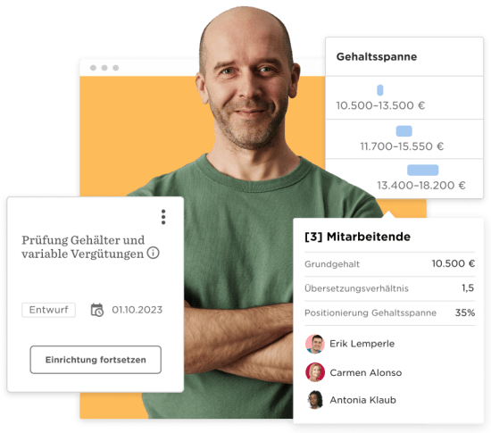 Mann in grünem Shirt mit Gehaltsanalyse-Interface, zeigt Gehaltsspannen und Mitarbeitende., Gehaltsprüfung, Mitarbeitende