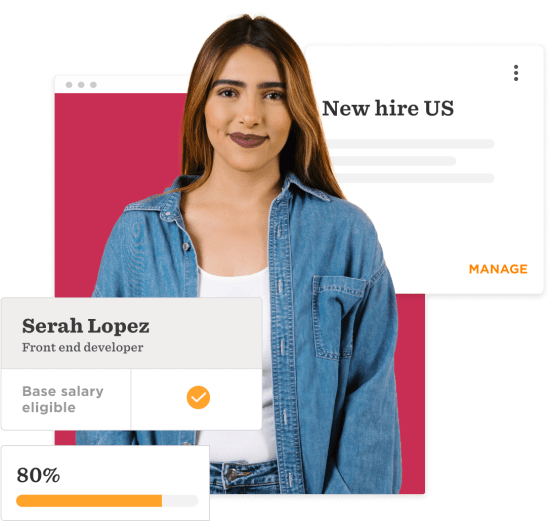 Serah Lopez, front-end developer, stands confidently with an infographic displaying salary eligibility and performance. 80%, New hire profile with management options shown.