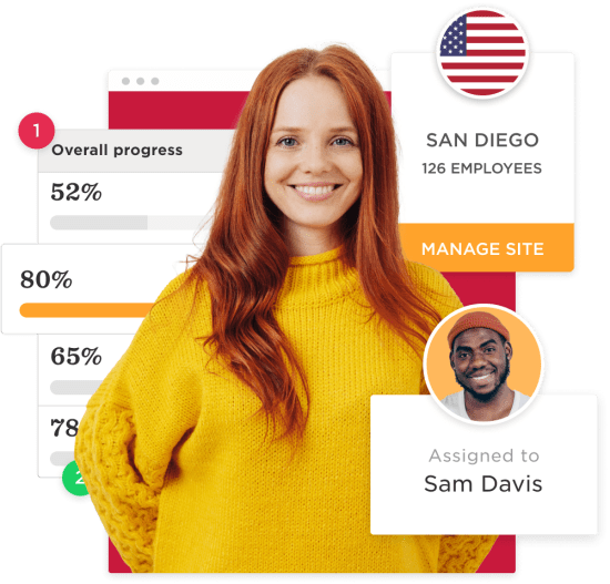 woman with red hair wearing a yellow sweater, progress indicators, San Diego site info, manage site button, employee profile Sam Davis