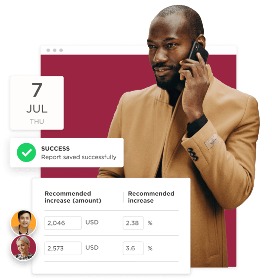 businessman talking on phone, success report and financial recommendations displayed on screen