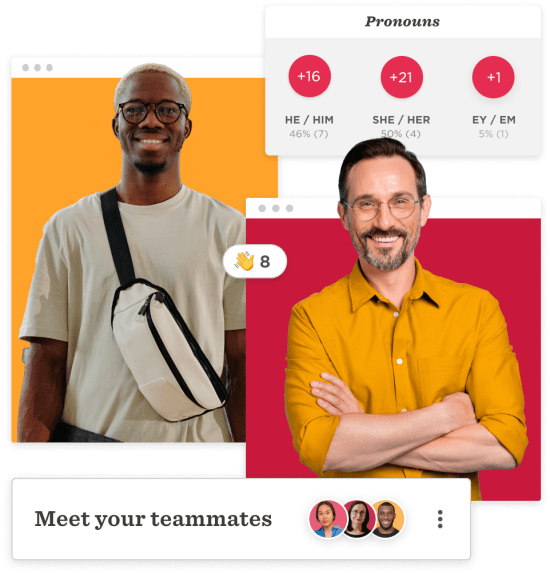 team members with pronouns and interactions, featuring smiling individuals against vibrant backgrounds, diverse team visibility and engagement