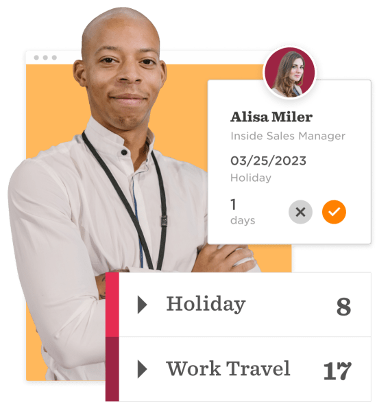 Holiday planning interface showcasing a smiling professional with calendar details and vacation metrics., Smiling professional in a holiday planning UI with vacation stats and a calendar.