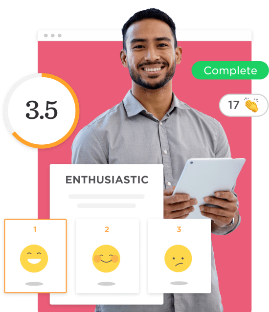 3.5 rating graphic with smiling emojis, man holding a tablet, showing engagement and feedback elements, Enthusiastic feedback interface with rating system.