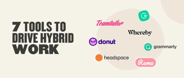 7 Tools for Hybrid Work: Teamtailor, Whereby, Donut, Headspace, Grammarly, Remo on a light background., Hybrid Work Tools for Collaboration and Productivity