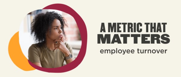 employee contemplating employee turnover metric, thoughtful person with curly hair against a modern background