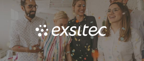 confetti celebration with smiling diverse people, exsitec logo displayed prominently on the image