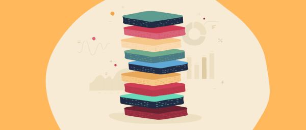 stacked colorful books on a soft background with graphs and charts, colorful educational graphic illustrating data presentation