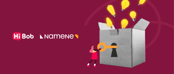 box with key and lightbulbs, HiBob and Namene logos on a maroon background