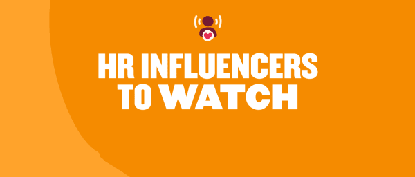 HR influencers to watch graphic with bold text and vibrant orange background, featuring a heart symbol., HR influencers, vibrant orange background