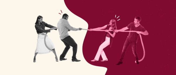 tug-of-war competition between two teams with a rope, featuring dynamic poses and expressive reactions, playful team challenge scene in contrasting colors