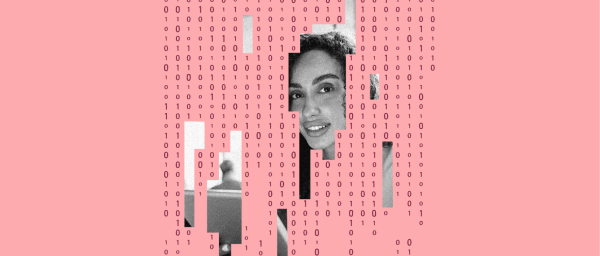 binary code background, black and white woman smiling with laptop in a modern graphic design representation