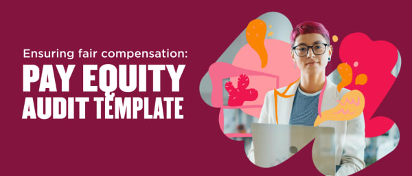 pay equity audit template with diverse professional, vibrant graphics on maroon background, ensuring fair compensation for all workers