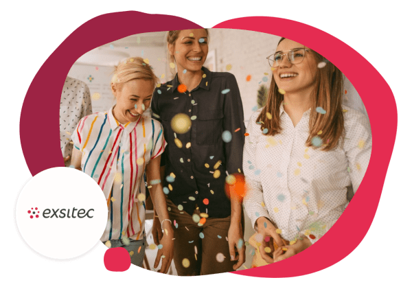 celebrating women with colorful confetti, bright shirts, and joyful expressions in a cheerful office setting, team celebration with exsitec branding