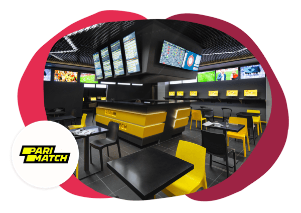 modern betting lounge with sleek black and yellow furniture, multiple screens displaying sports events, PariMatch branding prominently featured