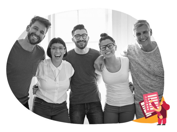 friends-group-black-and-white-photo, smiling-diverse-group-indoor-natural-light