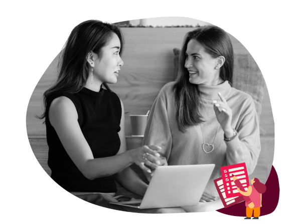 two women engaged in conversation over a laptop in a cozy coffee shop setting, casual discussion in black and white style