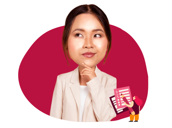 thinking woman in a blazer with a checklist illustration on red background, business professional pondering ideas and tasks