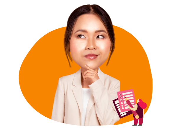 professional woman pondering, illustrative checklist in vibrant orange background