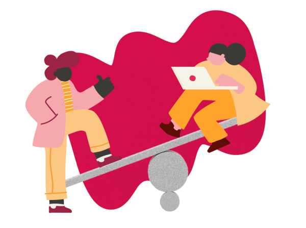 person balancing on seesaw, individual with laptop and thumbs up in vibrant, playful illustration