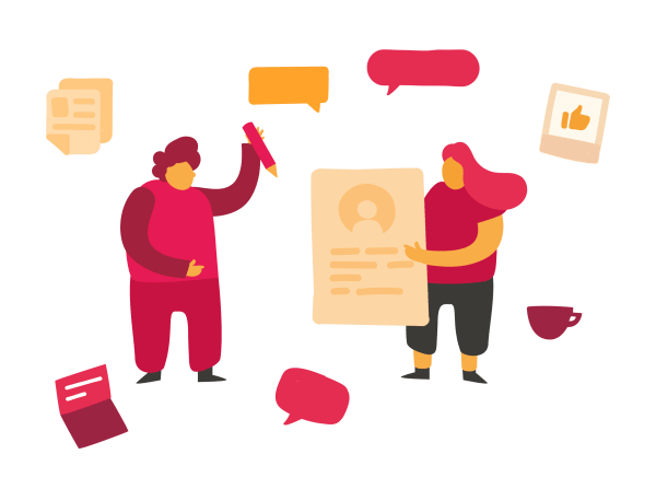 collaborative discussion with two characters reviewing a document, surrounded by icons and speech bubbles, colorful illustration of teamwork and communication