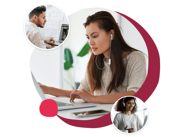 woman with earphones focused on laptop, men and women engaged in remote work and online collaboration