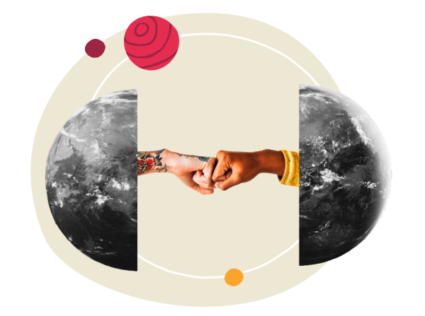 hands punching fists, earth and planets symbolizing unity and collaboration