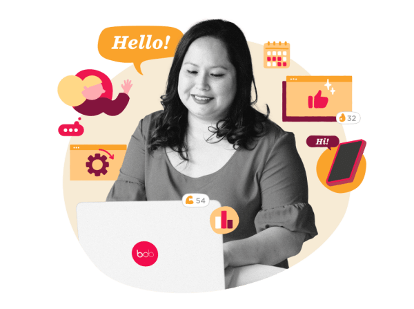 woman working on a laptop with colorful icons and data visualizations around her, professional woman engaged in digital tasks