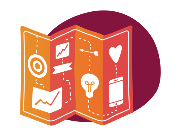 infographic style map, business strategy icons including graphs, heart, light bulb, smartphone on colorful backdrop