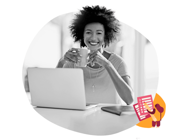 happy woman with curly hair drinking coffee in front of laptop, smiling while working on tasks with checklist items