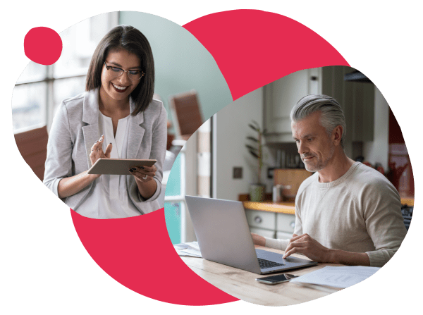 business professionals, collaborating with technology in modern workspace