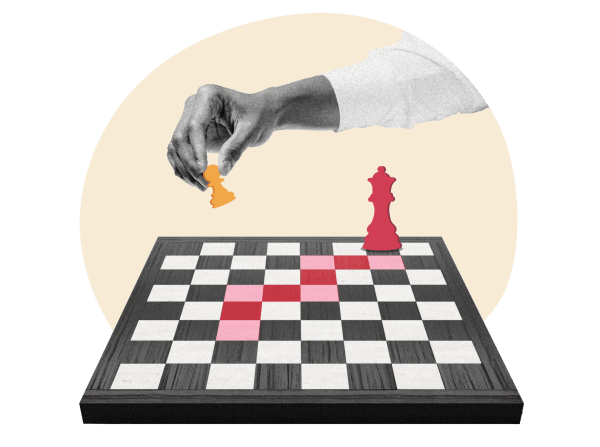 chess game hand moving orange pawn, red king on chessboard with highlighted squares, strategic gameplay concept
