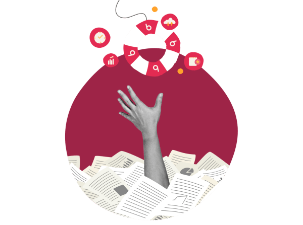 hand reaching out from a sea of papers, with lifebuoy and icons representing support and organization, overwhelmed by paperwork with a rescue lifebuoy above