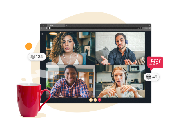 video conference with four participants, coffee cup, engagement metrics, chat bubbles, modern interface, virtual meeting, online interaction, remote teamwork