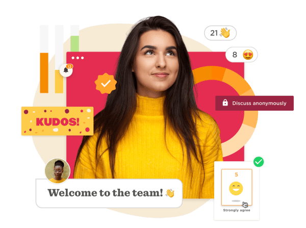 yellow-sweater-woman-with-kudos-and-feedback-icons, team-welcome-notification-with-gauges-and-emojis