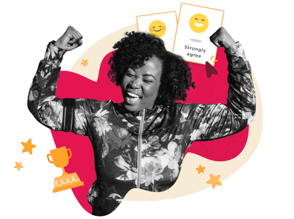 celebrating victory with raised fists, wearing floral athletic wear, surrounded by cheerful icons and trophy design, happy athlete expressing strong emotions with vibrant background elements