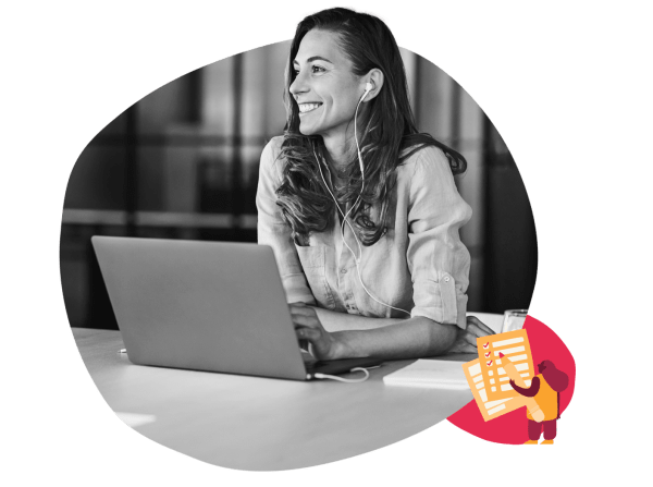 working woman smiling at laptop with earphones, modern workspace with notes and vibrant illustrations in the background