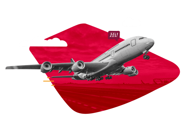 airplane taking off with clouds and red background, greeting text 