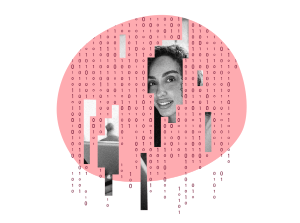 digital portrait with binary code overlay on pink background, showcasing a woman's face and blurred figures, abstract tech art representation with coded elements and human features