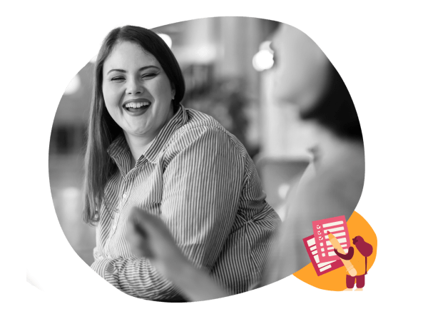 happy woman laughing in a striped shirt, engaged in conversation with another person, lively atmosphere, smiling woman in social setting with documents and pen illustration