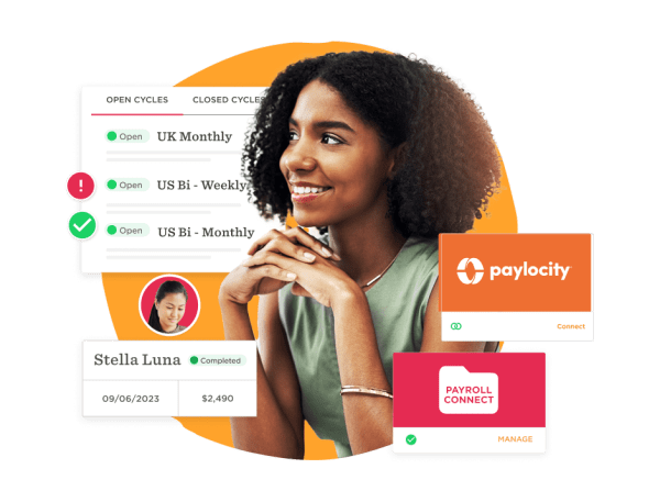 payroll management, professional woman smiling with digital dashboard displaying payroll cycles and updates
