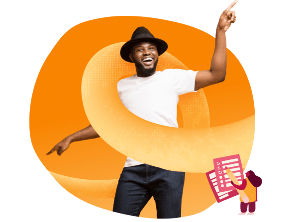 happy man pointing up, orange background with playful illustrations