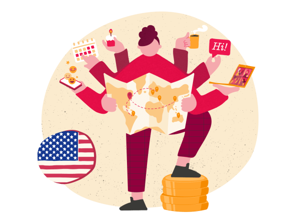 traveler holding a map with multiple arms holding coffee, calendar, laptop, and phone, featuring an American flag, multitasking traveler exploring a map and balancing tasks with money coins