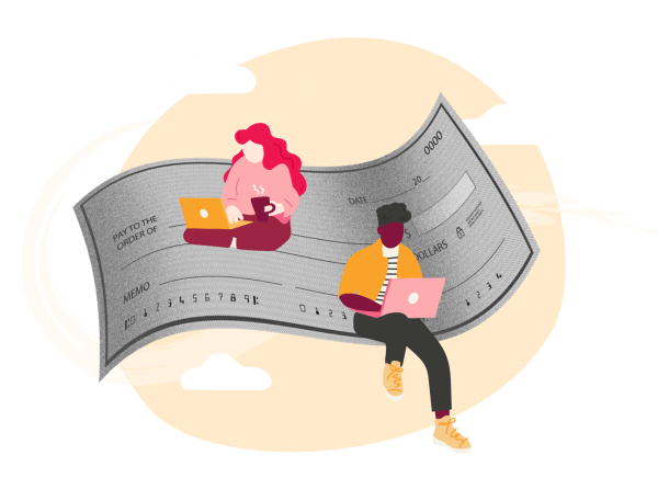 payment check illustration with remote workers on laptops, digital finance and remote collaboration concept