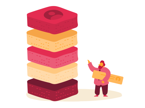 stacked colored blocks, man gesturing while holding a sign