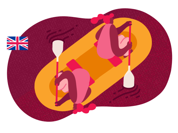 kayakers paddling in a bright yellow canoe with a maroon background and a British flag, digital illustration of outdoor adventure