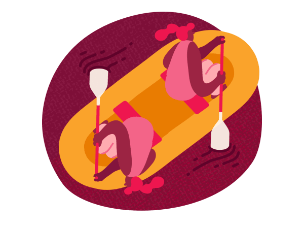 kayakers in a colorful boat paddling together on a river, vibrant pink and maroon background, two people enjoying kayaking adventure
