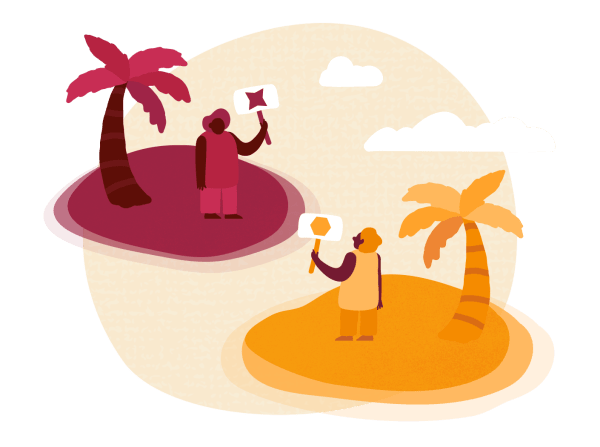 two figures holding signs on colorful sandy islands with palm trees and clouds in a stylized tropical setting, vibrant tropical scene featuring people with signs, palm trees, and clouds