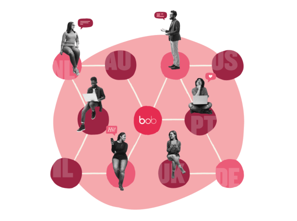 network of diverse individuals engaging digitally, bob logo in center with speech bubbles and country abbreviations
