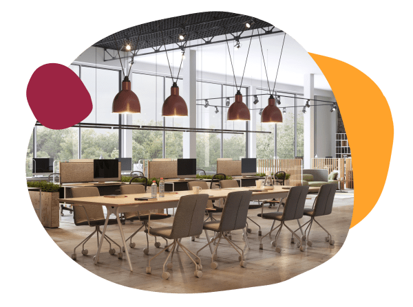 modern office space with brown pendant lights, ergonomic chairs, large windows, and collaborative workstations, bright and airy workspace design featuring functional furniture and greenery