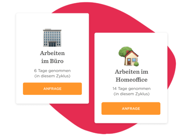 Büroarbeit mit 6 Tagen und Homeoffice mit 14 Tagen, beide mit Anfrage-Button in einem modernen Layout., Büro- und Homeoffice-Optionen mit Nutzungstagen